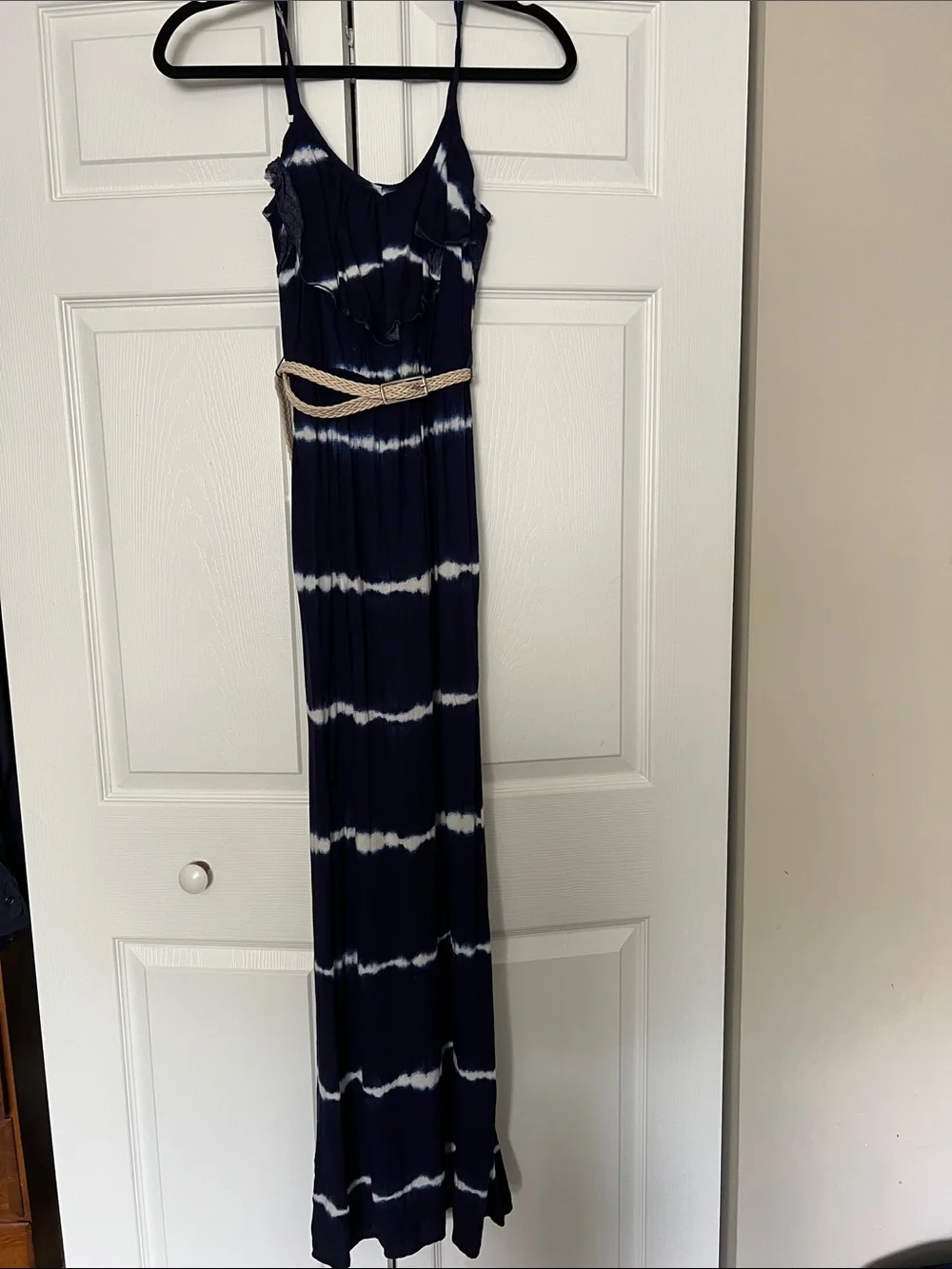 Iz Byer Navy and White Tie-Dye Spaghetti-Strap Maxi Dress with Braided Belt